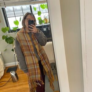 Plaid Fringe Shawl - Yellow and Brown